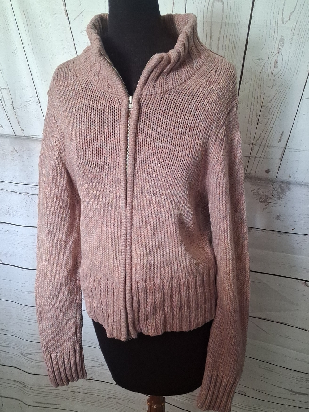 Calvin Klein Pink, Lavender, Mauve Zip-Front Marled Knit Cardigan Size Large